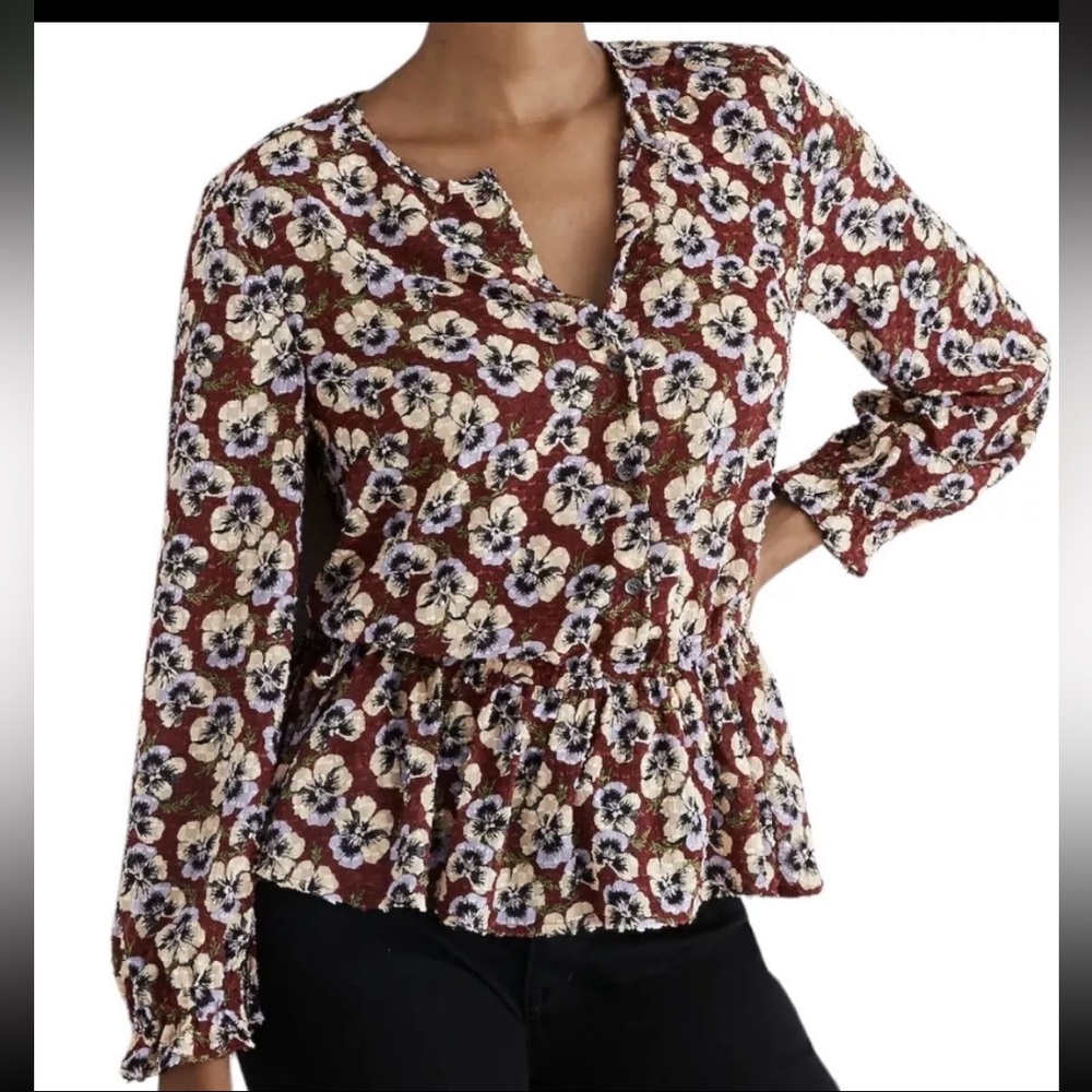 Madewell Ruffle in viola Floral Top Tunic Burgundy Purple Yellow Sz L Semi Sheer
